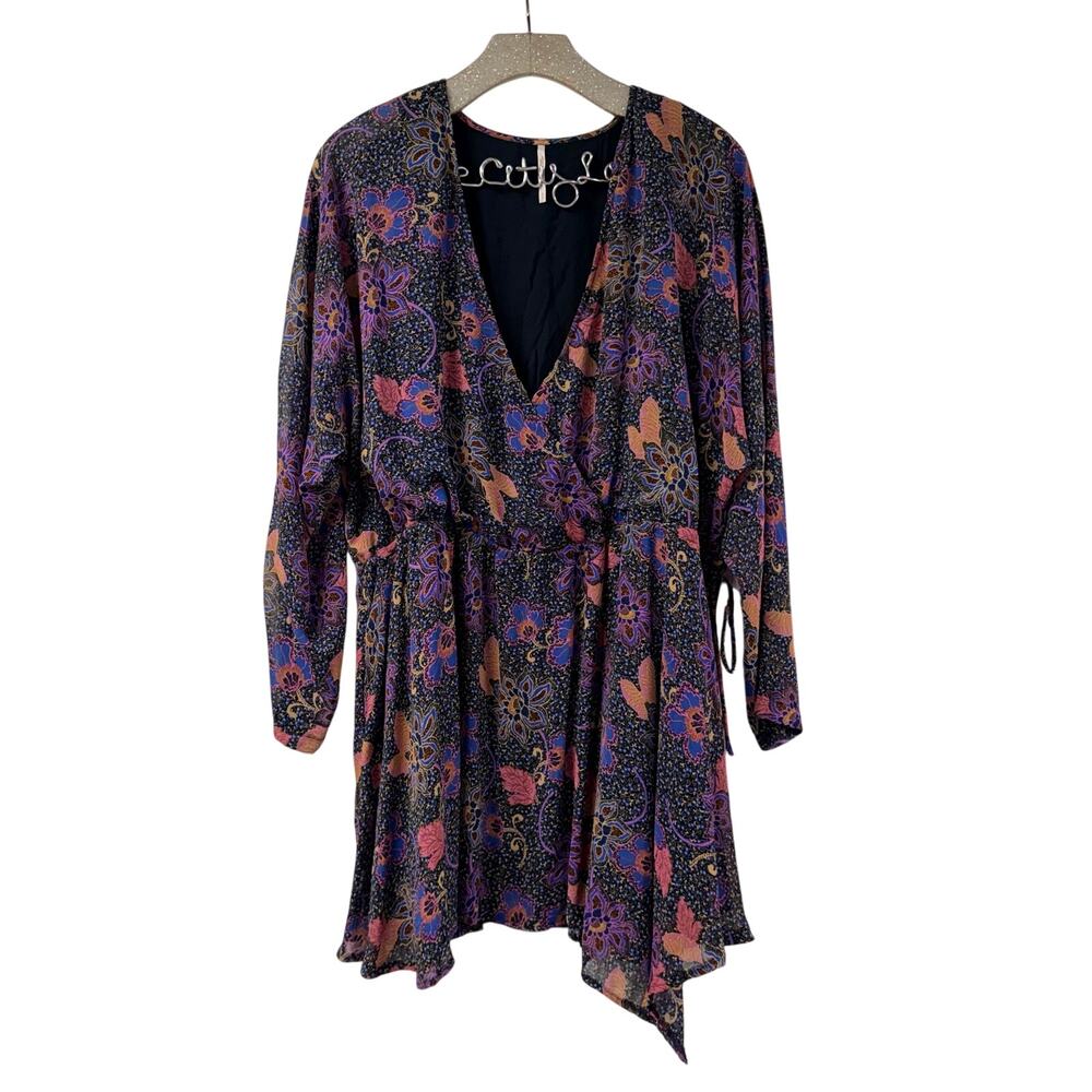 Free People Teegan Mini Dress Small Midnight Floral V Neck Long Sleeve Surplice